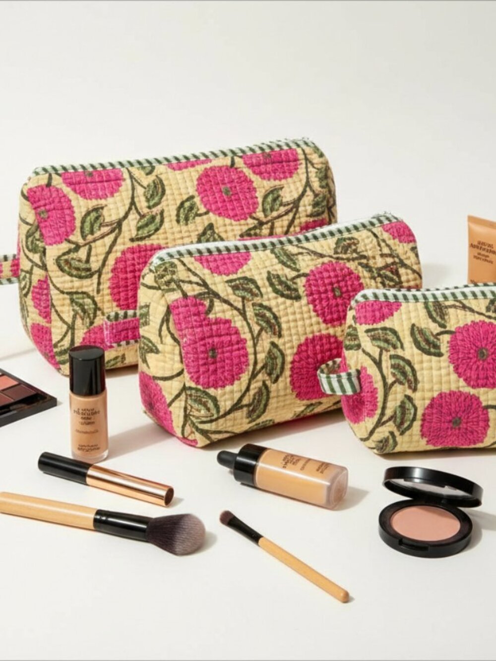 Set Of 3 Block Print Toiletry Bags, Cotton Makeup Bag, Cosmetic Bag Set, Gifts